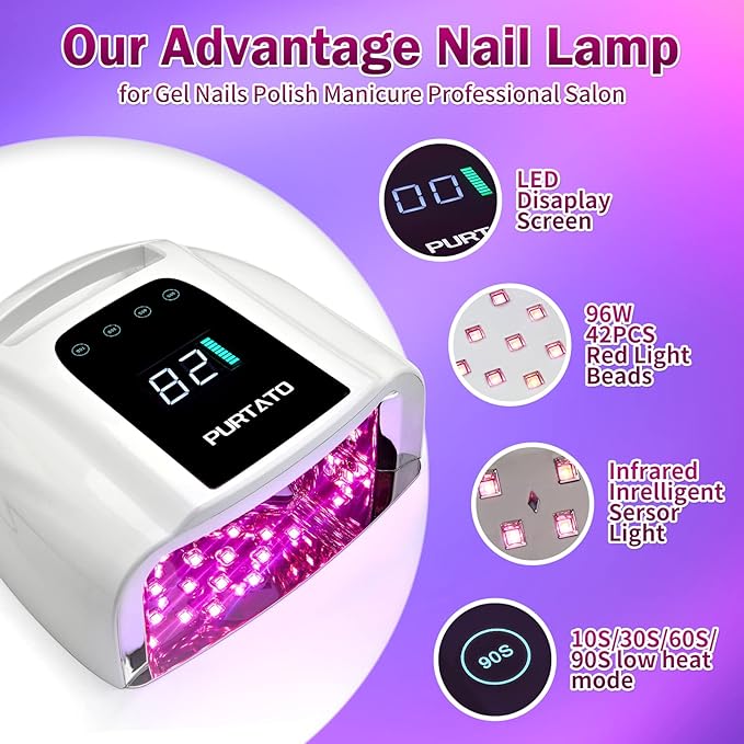 PURTATO Professional Rechargeable 96W UV LED Portable Cordless UV Light for Nail Lamp Machine with Removable Stainless Steel Bottom,4 Timer Setting and Smart Sensor Nail Dryer (White)