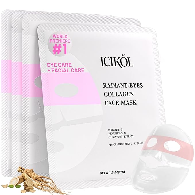 ICIKOL 2-in-1 Collagen Face Mask with Integrated Eye Patches, Anti-Aging Overnight Hydrogel Mask for Glass Skin Glow, Red Ginseng & Peptides for Firming & Hydration, 4 Sheets (Pink)