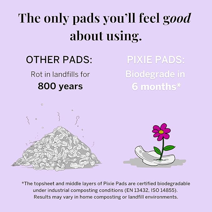 Pixie Organic Pads Ultra Thin Cotton with Wings for Women - Leak-Proof & Moisture-Wicking for Feminine Care - Compostable, Unscented Menstrual Pads - Regular Absorbency - FSA Eligible - 48 Count