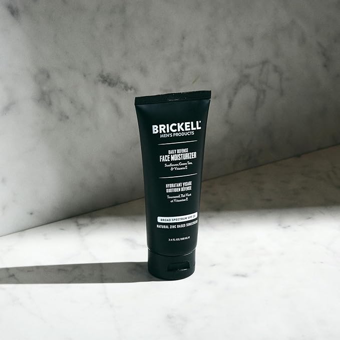 Brickell Men's Daily Defense SPF20 Face Moisturizer for Men, Moisturizing Mineral Sunscreen, Hydrates & Protects Skin Against Harmful UVA/B Rays, With Zinc, Green Tea, & Vitamin E, 3.4oz, Unscented