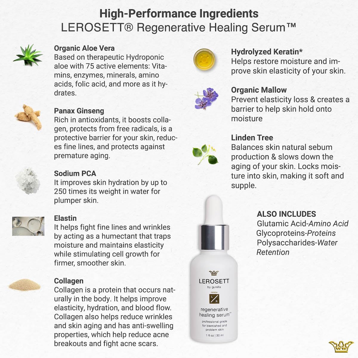 LEROSETT Healing Hydration Serum – Aloe, Ginseng & Collagen-Based Complex for Pimples, Irritated Skin, Blemishes & Post-Breakout Scarring – Plant-Based, Spa-Grade, Concentrated, 1 oz