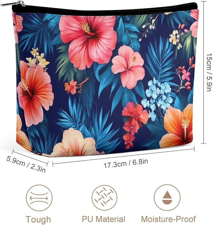 Meaudiwes Travel Cosmetic Bag, Large Makeup Case, Toiletry Bag, Personality Fashion Zipper Cosmetic Case Tropical Hawaiian Colorful Hibiscus Flowers