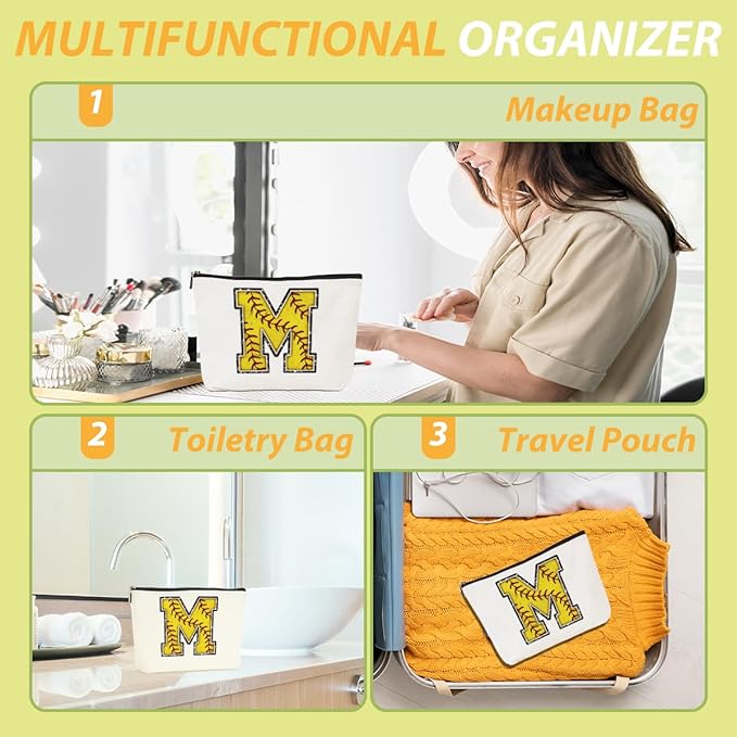 Softball Gifts Initial M Makeup Bag Softball Gifts for Team Cosmetic Bag