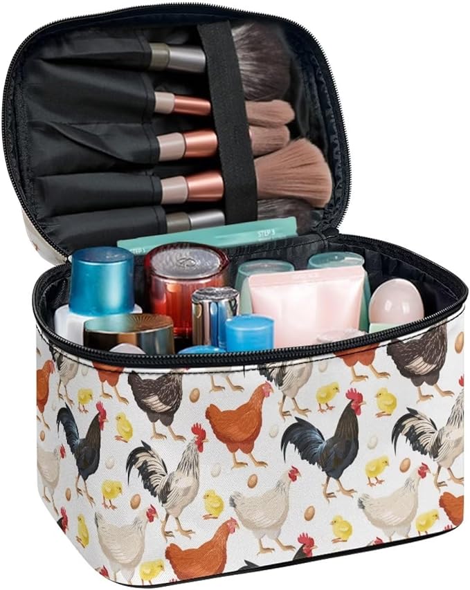 Drydeepin Cute Farm Chicken Rooster Print Travel Makeup Bag for Women Large Capacity Cosmetic Bags with Zipper And Handle Make Up Tote Bags Organizer Portable Brushes Case Toiletry Bags