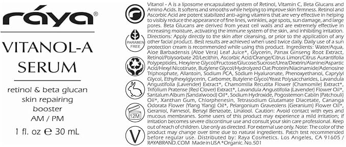 RAYA Vitanol - A (501) Serum for Face | Vitamin-A & Vitamin C Serum | Age-Defying Antioxidant Face Serum | Skincare for Oily Skin | Smoothing & Visible Tone Refinement with Aloe Vera & Ginseng Extract