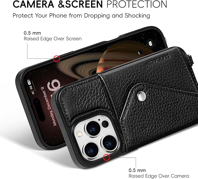 LUCKYCOIN Crossbody Phone Case for iPhone 16 Pro,100% Genuine Leather Phone Wallet Case for Women, Premium Hands-Free Phone Purse with Expandable Flip Card Holder & Adjustable Strap - Pebble Black