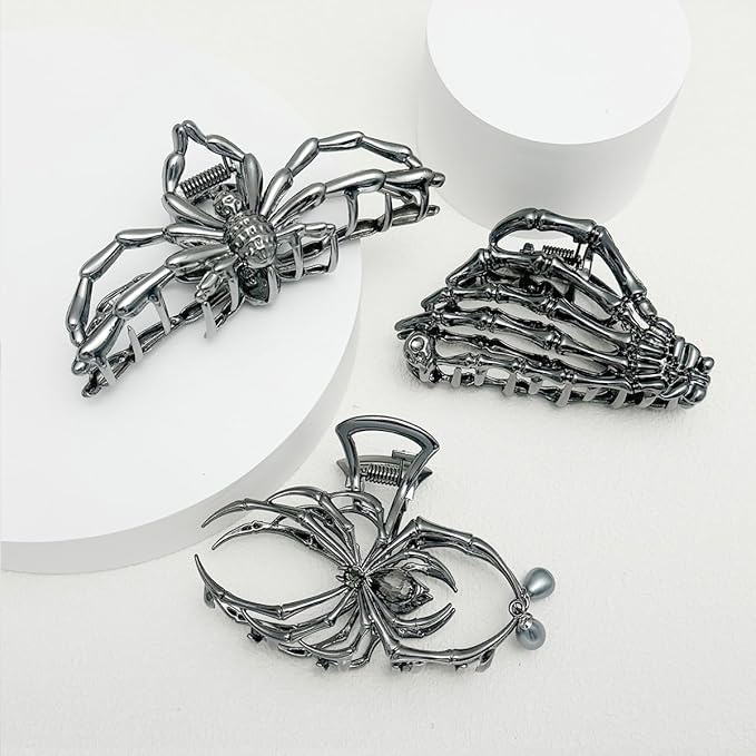 Parcce 3 Pieces Large Metal Spider Net Hand Hair Claw Clips for Women and Girls Thick Long Hair, Nonslip Skeleton Spooky Barrette Headband Hair Styling Accessories for Halloween