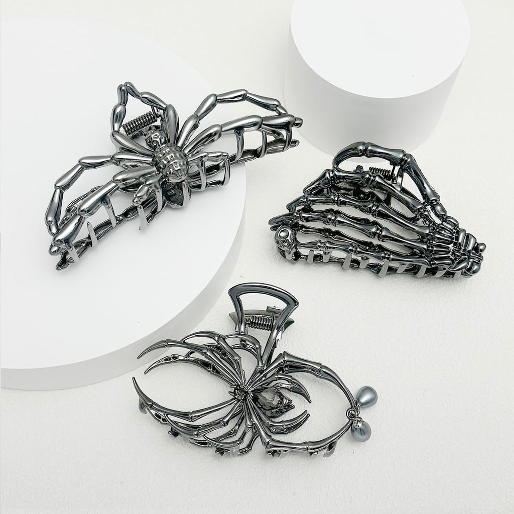 Parcce 3 Pieces Large Metal Spider Net Hand Hair Claw Clips for Women and Girls Thick Long Hair, Nonslip Skeleton Spooky Barrette Headband Hair Styling Accessories for Halloween