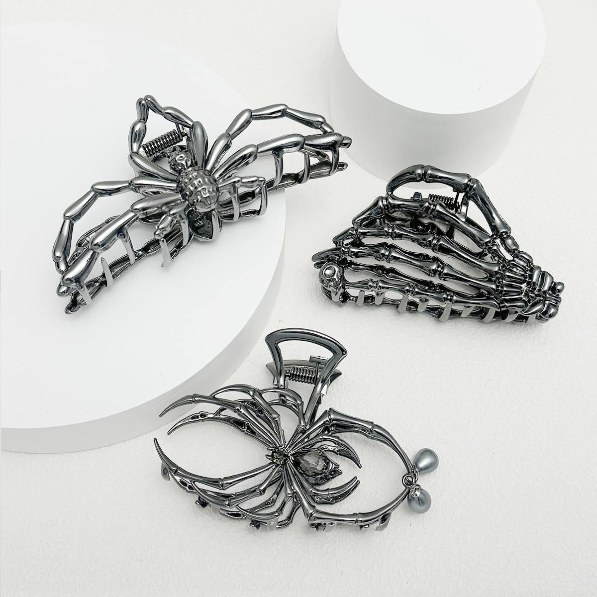Parcce 3 Pieces Large Metal Spider Net Hand Hair Claw Clips for Women and Girls Thick Long Hair, Nonslip Skeleton Spooky Barrette Headband Hair Styling Accessories for Halloween