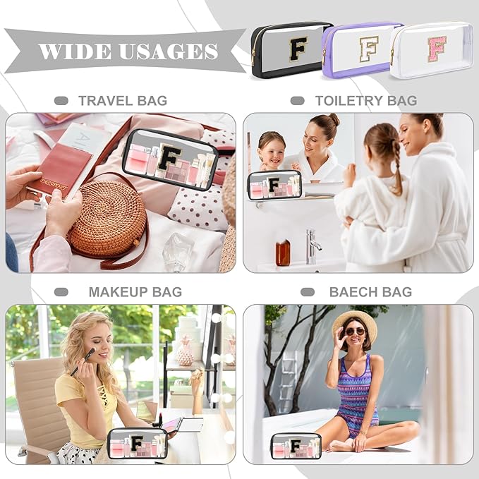 UIXIZQ Personalized Initial Letter Clear Makeup Bag,Preppy Small Nylon&PVC Cosmetic Zipper Bag with Chenille Letter,Travel Skincare Toiletry Bag,Monogram Christmas Gift for Teen Girls Women,F