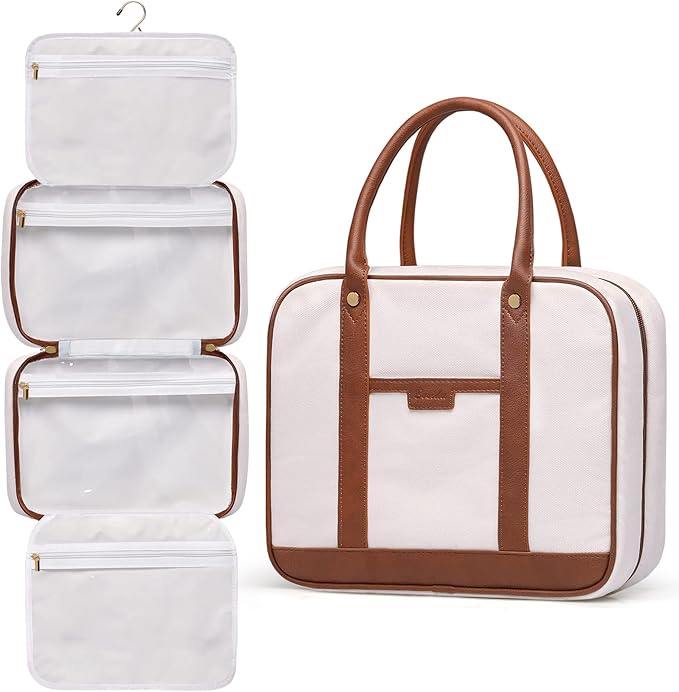 Bosidu Toiletry Bag for Women Hanging Travel Toiletry Bag with Hook,Water-resistant Makeup Cosmetic Bag Travel Organizer for Toiletries, Accessories P-Beige