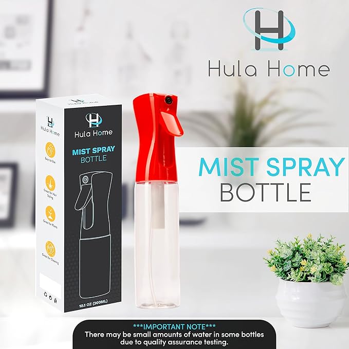 Hula Home Spray Bottle for Hair (10.1oz/300ml) - Continuous Ultra Fine Mist Sprayer for Hairstyling, Cleaning, Salons, Plants, Essential Oil & More - Red/Clear