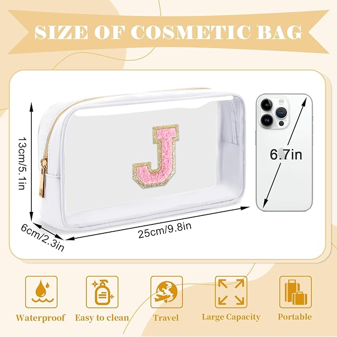 UIXIZQ Personalized Initial Letter Clear Makeup Bag,Preppy Small Nylon&PVC Cosmetic Zipper Bag with Chenille Letter,Travel Skincare Toiletry Bag,Monogram Christmas Gift for Teen Girls Women,J