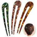 HYFEEL French Hair Pins U Shape Updo Hair Forks 2 Prong Bun Twist Chignon Stick Clips for Women Hair Accessories, 3 Pcs (Green,Tortoise,Brown Floral)