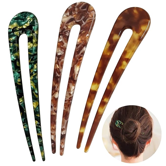 HYFEEL French Hair Pins U Shape Updo Hair Forks 2 Prong Bun Twist Chignon Stick Clips for Women Hair Accessories, 3 Pcs (Green,Tortoise,Brown Floral)