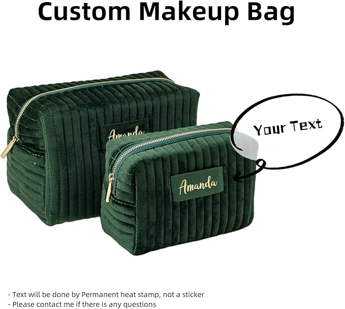 Snirov Custom Makeup Bag, Green Velvet Personalized Cosmetic Bag with Zipper for Women Teen Girls Birthday Gifts Mothers Day Gifts for Mom