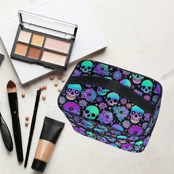 MNSRUU Goth Skull Makeup Bag, Gothic Skull Flowers Makeup Organizer Bags Toiletry Bag Box Travel Cosmetic Bag Make Up Train Case for Women Teen Girl Ladies