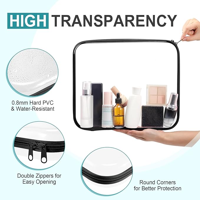 Hoolerry 3 Pcs Clear Hard Zipper Case Hard Plastic Zipper Pouch Makeup Bag Portable Travel Organizer for Cosmetics, Office Supplies, Documents & Toiletries(Black,L)
