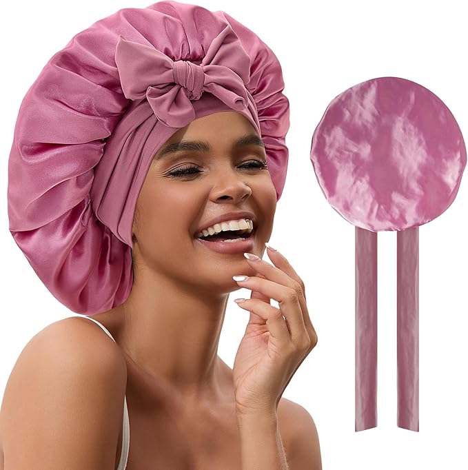 YOHTAS Satin Hair Bonnet for Sleeping Women, Double Layer Silk Bonnets for Women with Tie Band, for Braids Curly Long Hair
