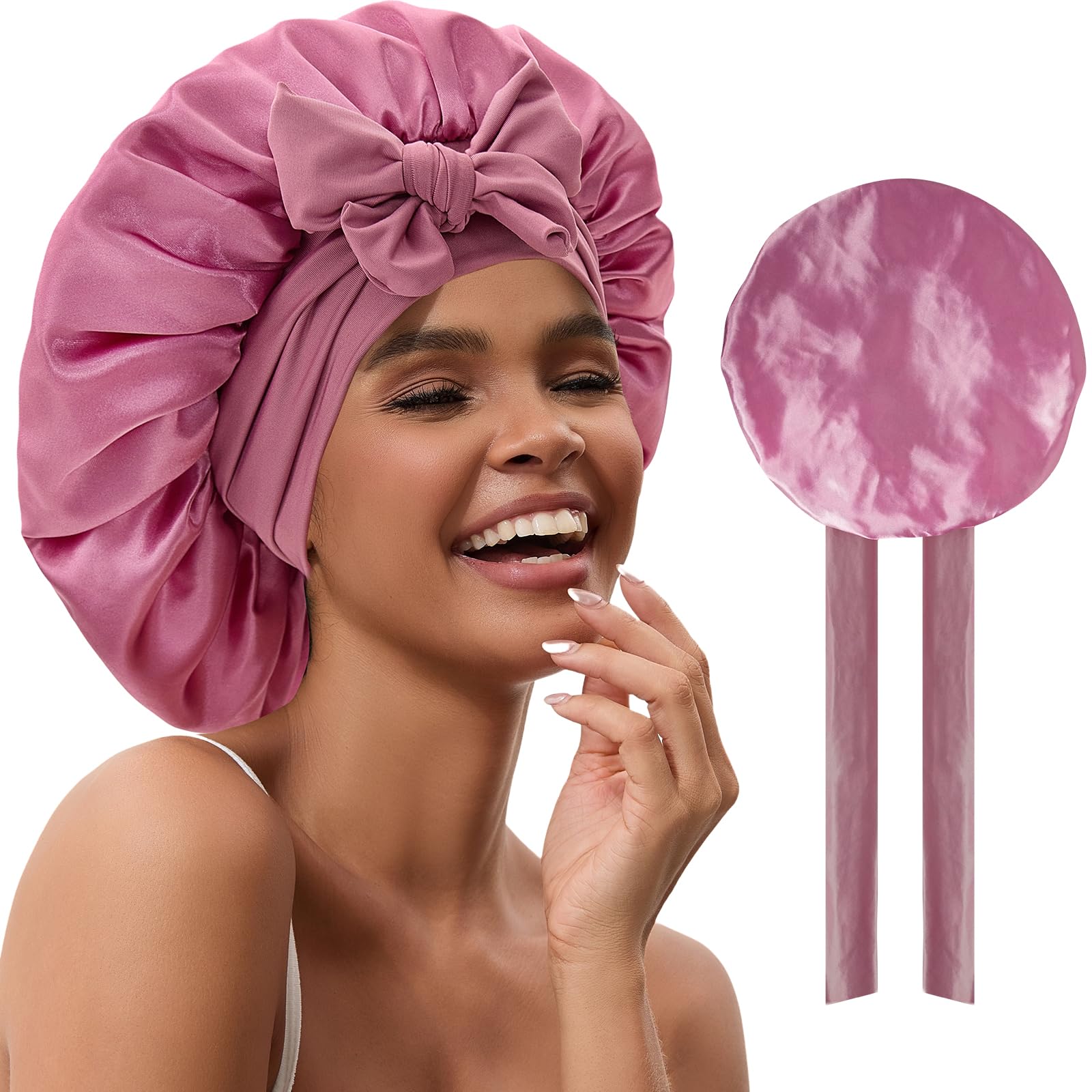 YOHTAS Satin Hair Bonnet for Sleeping Women, Double Layer Silk Bonnets for Women with Tie Band, for Braids Curly Long Hair