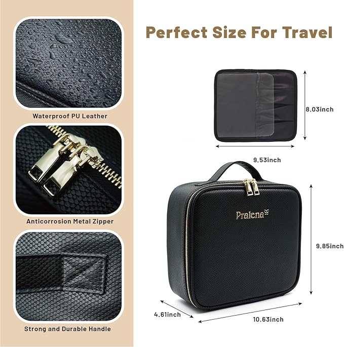 PRALENA Travel Makeup Bag with LED Mirror – 3 Brightness Modes, Portable Lighted Makeup Case with Adjustable Dividers, Cosmetic Organizer Gift for Women (Black)