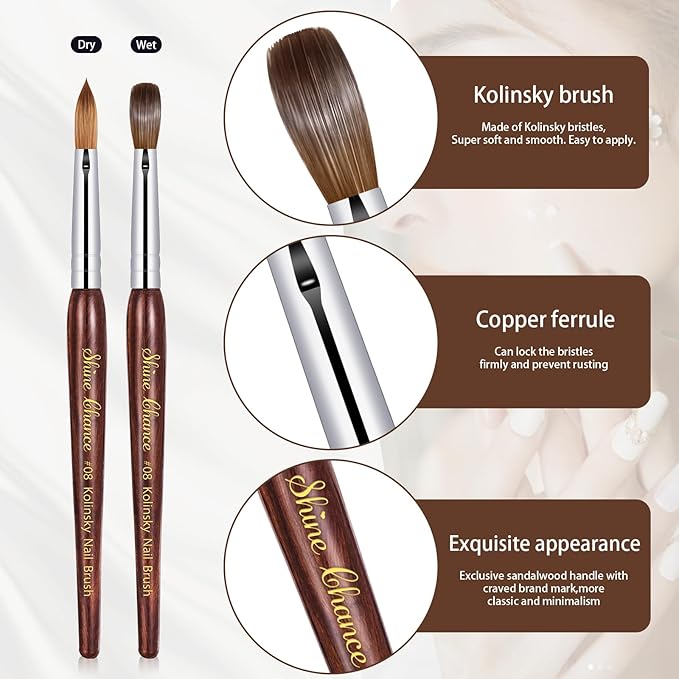 Shine Chance Acrylic Art Brush Size 08, 100% Pure Kolinsky Hair Oval Brush for Acrylic Application, Professional Nail Extension Manicure Tool, Striping Drawing Pen for DIY Home Salon