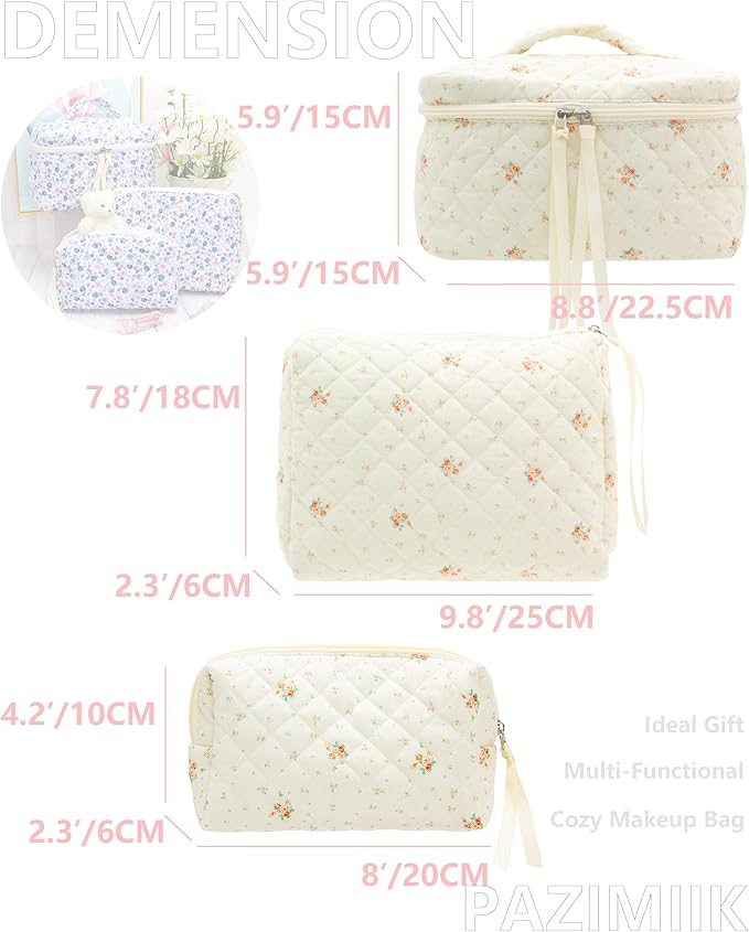 3 Piece Quilted Makeup Bag Set for Women,Cosmetic&Toiletry Bag,Floral White
