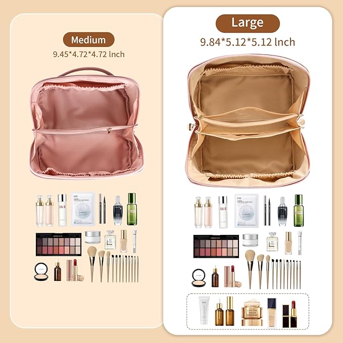 zaleeta Travel Makeup Bag, Large Capacity Cosmetic Organizer Bags for Women, Waterproof PU Leather Toiletry Bags, Wide Open Flat Makeup Case with Divider and Handle