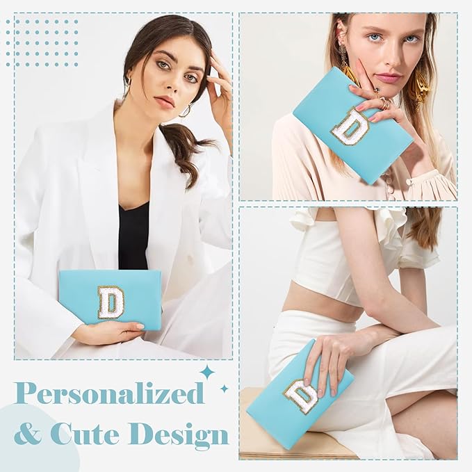Small Personalized Initial A-Z Preppy Patch Makeup Bag,PU Chenille Letter Travel Cosmetic Pouch with Zipper,Blue Cute Toiletry Bag,Gift Ideal for Teen Girls Women Teacher Bridesmaid,Letter D