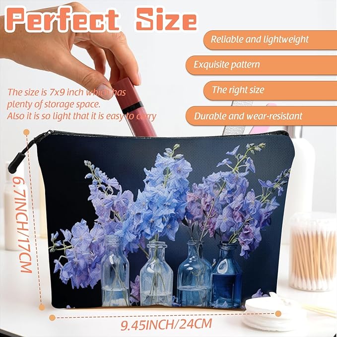 Scribesense Cosmetic Bags Travel Makeup Toilet Case Waterproof Pouch for Women Girls 6.7X9.45inches - Still - Life of Blue - Purple Flowers in Glass Bottles
