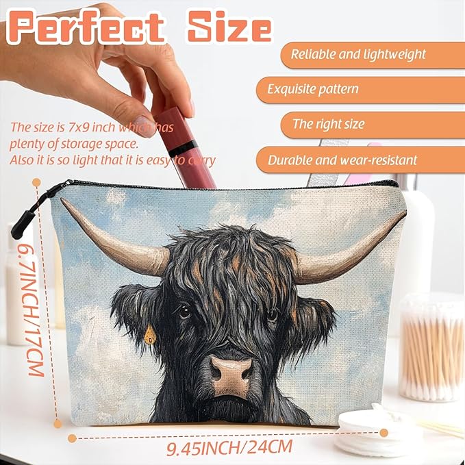 Scribesense Cosmetic Bags Travel Makeup Toilet Case Waterproof Pouch for Women Girls 6.7X9.45inches - Black Yak With Large Horns in A Flower - Filled Meadow