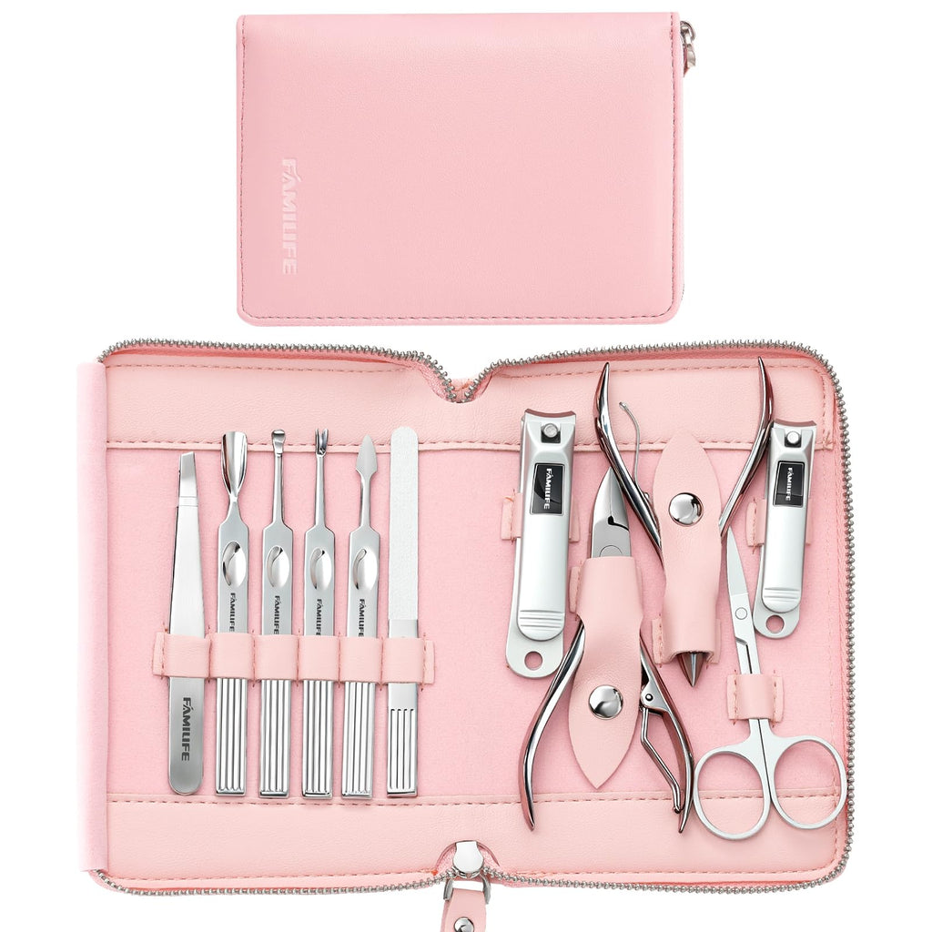 FAMILIFE Manicure Set Professional Manicure Kit Nail Kit - 11PCS Gifts for Her Nail Clippers for Women Stainless Steel Pedicure Sets Pink Leather Case