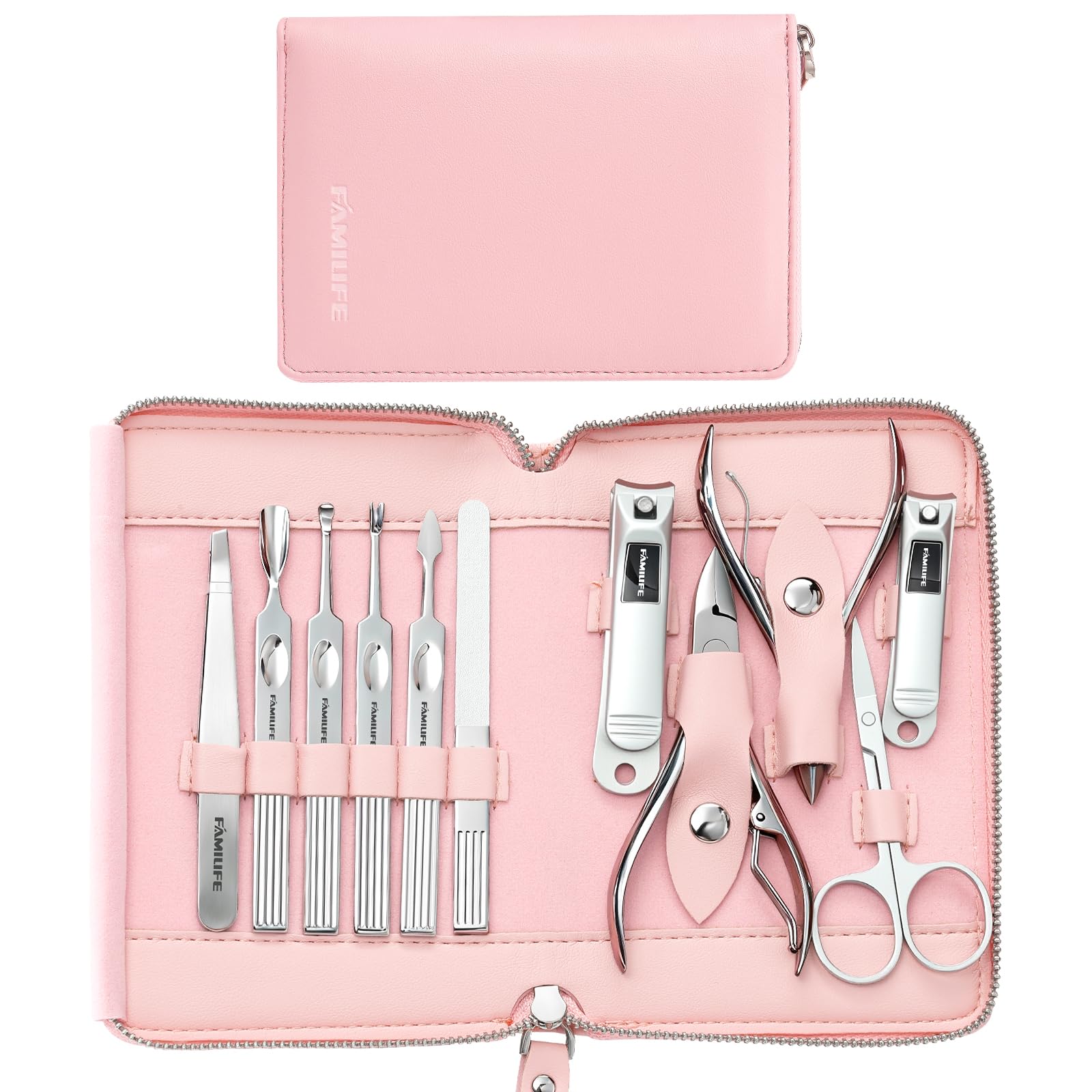 FAMILIFE Manicure Set Professional Manicure Kit Nail Kit - 11PCS Gifts for Her Nail Clippers for Women Stainless Steel Pedicure Sets Pink Leather Case