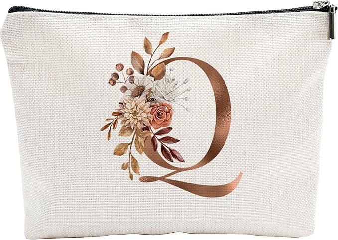 YKYENR A-Z Boho Personalized Cosmetic Bag-Floral Cotton Letter Makeup Bag With Zipper-Artistic Cosmetic Bag For Travel-Bride,Birthday Gift For Women Daughter Friends-Women Makeup Organizer-A17
