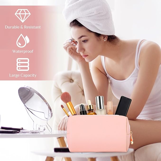 Sanwuta 9 Pcs Makeup Bags Bulk Bridesmaid Proposal Gifts Cosmetic Bags Preppy PU Leather Double Zipper Toiletry Pouch Portable Travel Organizer Case for Women Bachelorette Gift(Pink Purple Series)