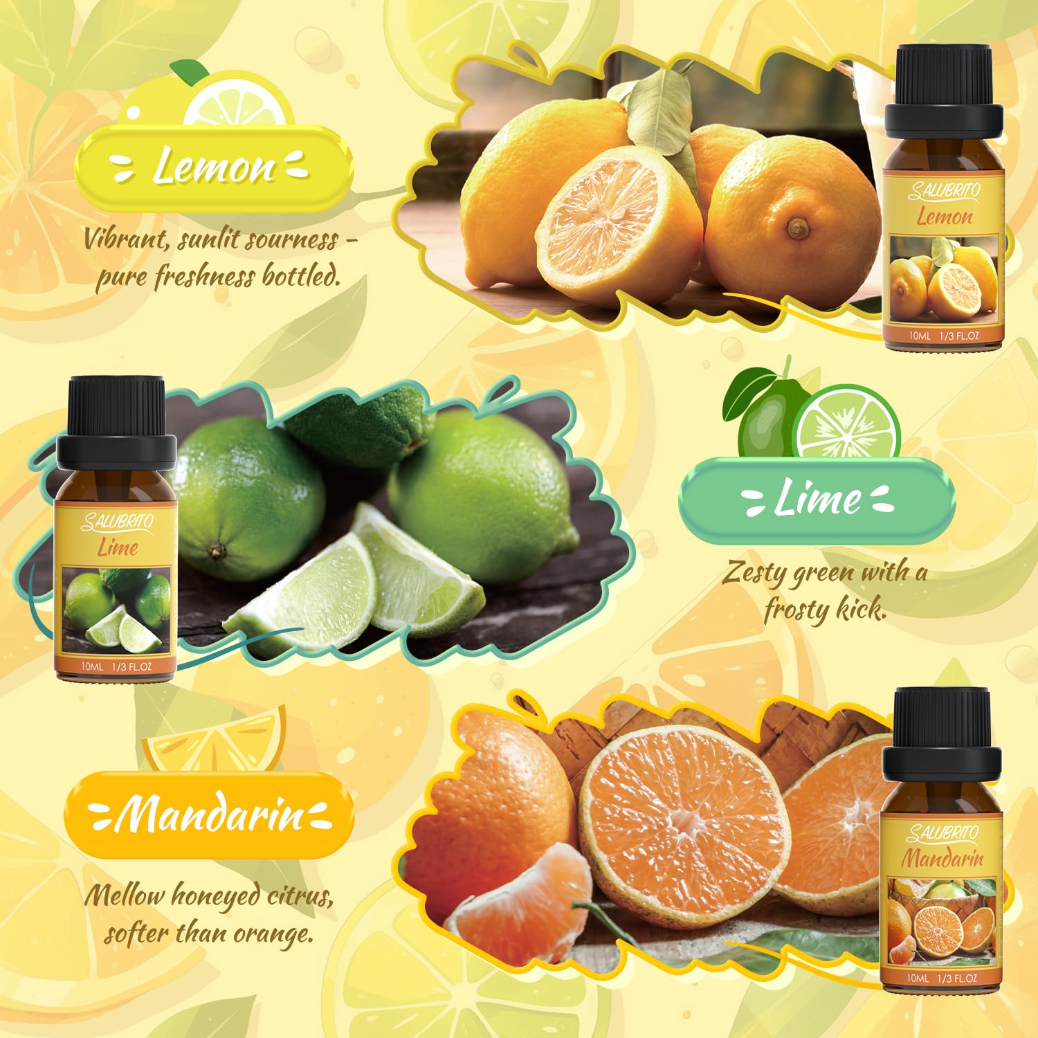 Salubrito Citrus Essential Oils Set for Diffuser, Fragrance Oil | Sweet Orange, Bergamot, Lemon, Grapefruit, Mandarin Orange, Lime Scented Oil for Soap Making, Candle Making