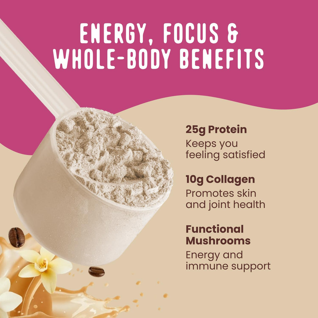 FlavCity All in One Protein Shake Powder, Vanilla Latte - 60mg Caffeine + Collagen Peptides, Reishi & Cordyceps - Focus, Skin, Hair & Joint Support - 100% Grass Fed Whey, 20 Servings