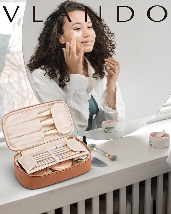 VLANDO Cosmetic Travel Bag with Separate Brush Storage,Brown