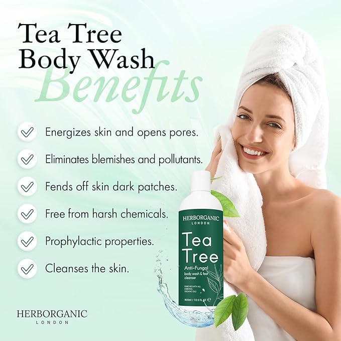HERBORGANIC Tea Tree Body Wash - 400ml - Body Wash - Vegan, Odor and Foot Cleansing Shower Gel