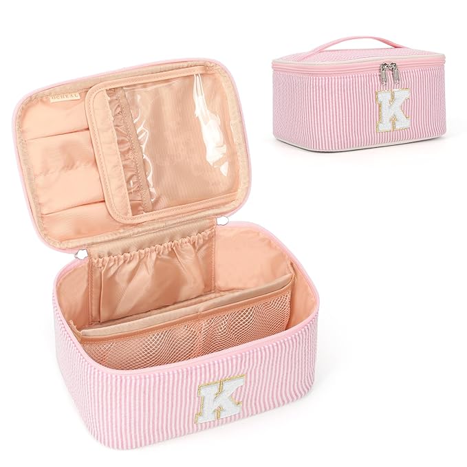 OCHEAL Makeup Bag for Women, Monogram Cosmetic Bag Pink Travel Makeup Case Beauty Toiletry Bag Organizer Personalized Gifts for Girls Bridesmaid, Sister, Wife, Friends Initial K