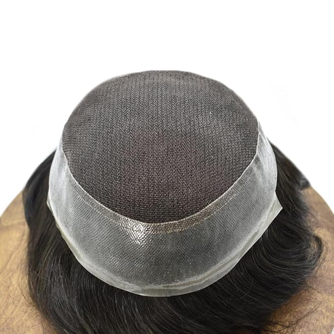 FACE MIRACLE Lace Front Mens Toupee Human Hair System Lace Center Toupee for Men Thin Skin PU Around Hair Replacement System V-Looped Mens Hair Wig 7"X9" #1B10 1B# OFF BLACK WITH 10% SYNTHETIC GREY