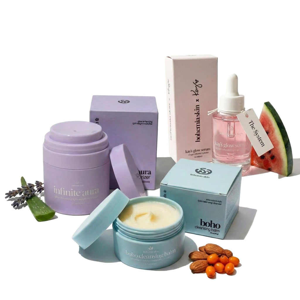 Bohemia Skin Kay’s Glow Serum + Infinite Aura Moisturizer + Boho Cleansing Balm – Oxygen-Infused THDA Vitamin C with Gentle AHA for Face and neck | Hydrates, Soothes and Brightens Bundle