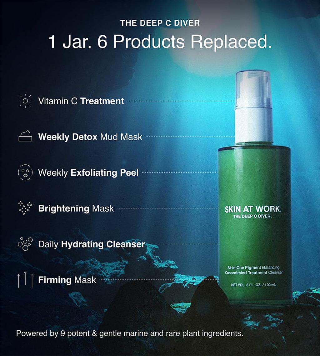SKIN AT WORK Deep C Diver Vitamin C Cleanser - 6-in-1 Glow Face Wash with Niacinamide & Algae - Daily Treatment Cleanser & Weekly Mask, (100 ml, 3.4 oz).