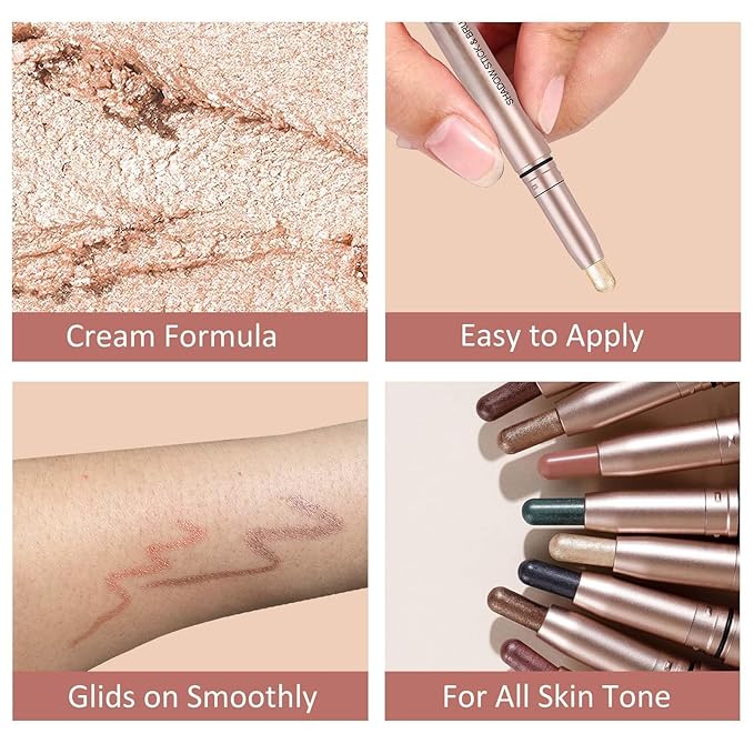 Gold Eyeshadow Stick Makeup, Waterproof Hypoallergenic Long Lasting Cream Eye Shadow Pencil, Highlighter Matte Crayon eyes liner, Glitter Primer Palette Shimmer Eyeliner Pen