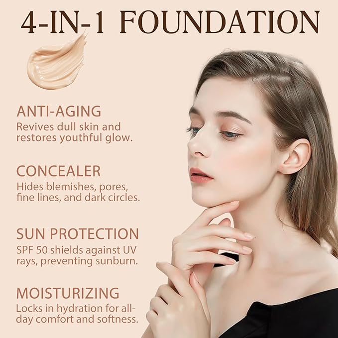 Colour Changing Foundation Liquid 4 in 1, Foundation for Older Women, Hydrating Longwearing & Waterproof Concealer, SPF 50+ Makeup Base Nude Face, Foundation Medium Spectrum for all Skin