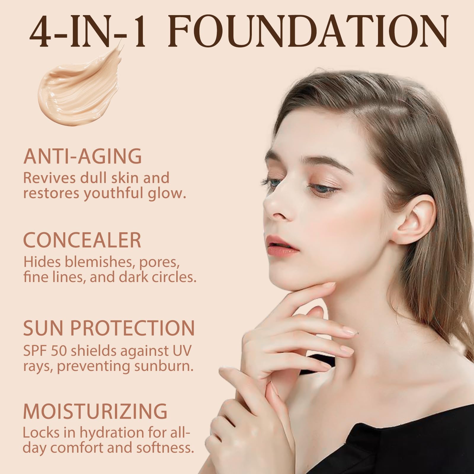 Colour Changing Foundation Liquid 4 in 1, Foundation for Older Women, Hydrating Longwearing & Waterproof Concealer, SPF 50+ Makeup Base Nude Face, Foundation Medium Spectrum for all Skin