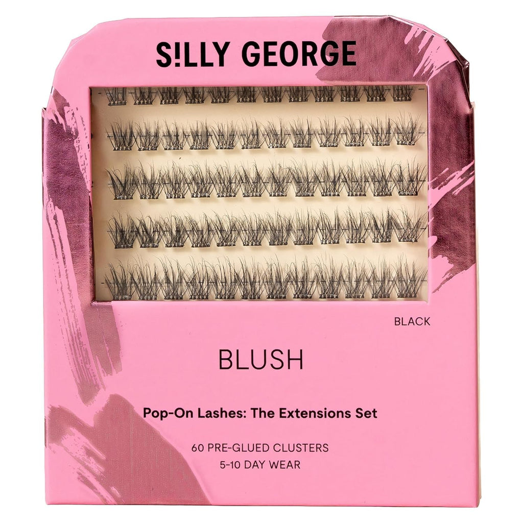 Silly George Pop-On Lashes - DIY 1-Step Pre-Glued Faux Eyelash Clusters, Natural Look Extensions, Black - Blush, 5-7 Pair Set, Pack of 60 Clusters