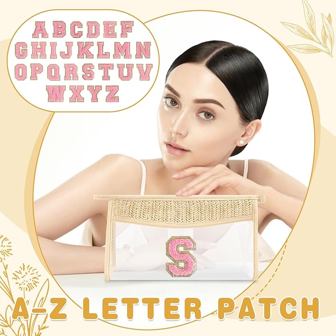 Small Boho Straw Initial Letter Makeup Bag Personalized Gift,Cute Clear Chenille Patch Makeup Bag With Zipper,Trendy TSA Approved Travel Toiletry Bag,Gift for Women Girls Birthday Friend, Letter S