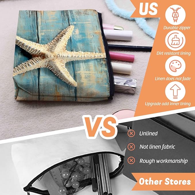 Scribesense Cosmetic Bags Travel Makeup Toilet Case Waterproof Pouch for Women Girls 6.7X9.45inches - Starfish on A Weathered Blue Wooden Board