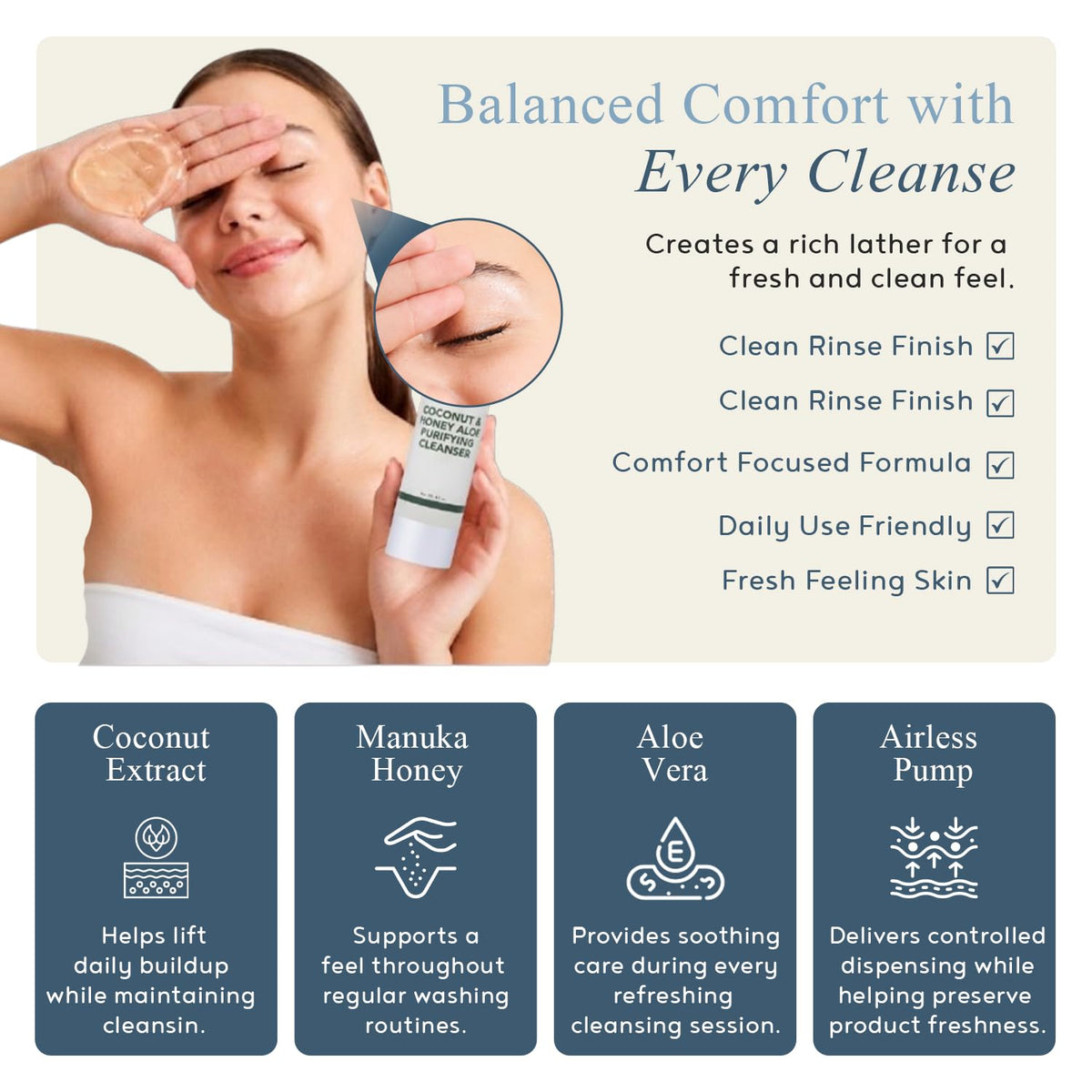 Foaming Face Wash with Coconut, Honey & Aloe Vera, Gentle Cleanser 120 ml